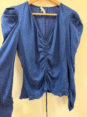 Parker Blue Ruched Blouse Leopard Print Silk Feel - Size Small